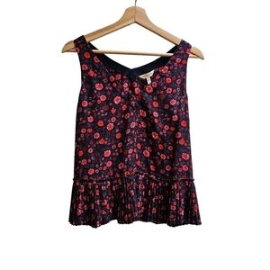 Silk Rebecca Taylor Dark Floral Sleeveless Blouse with Ruffle Hem, Size XS